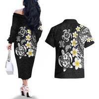 Hawaiian Plumeria Turtles Couples Matching Off The Shoulder Long Sleeve Dress and Hawaiian Shirt Polynesian Art Tattoo
