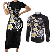 Hawaiian Plumeria Turtles Couples Matching Short Sleeve Bodycon Dress and Long Sleeve Button Shirt Polynesian Art Tattoo LT03 Black - Polynesian Pride