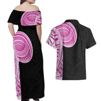Samoan Art Tattoo Polynesian Pattern Couples Matching Off Shoulder Maxi Dress and Hawaiian Shirt Pink Out Color