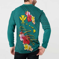 Aloha Kanaka Maoli Hawaii Flowers Button Sweatshirt With Polynesian Pattern Teal Color