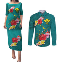 Aloha Kanaka Maoli Hawaii Flowers Couples Matching Puletasi and Long Sleeve Button Shirt With Polynesian Pattern Teal Color