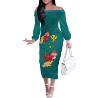 Aloha Kanaka Maoli Hawaii Flowers Family Matching Off The Shoulder Long Sleeve Dress and Hawaiian Shirt With Polynesian Pattern Teal Color