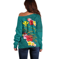 Aloha Kanaka Maoli Hawaii Flowers Off Shoulder Sweater With Polynesian Pattern Teal Color