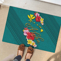 Aloha Kanaka Maoli Hawaii Flowers Rubber Doormat With Polynesian Pattern Teal Color