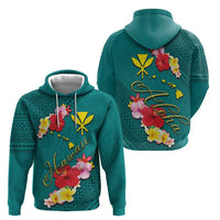 Aloha Kanaka Maoli Hawaii Flowers Zip Hoodie With Polynesian Pattern Teal Color