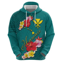 Aloha Kanaka Maoli Hawaii Flowers Zip Hoodie With Polynesian Pattern Teal Color