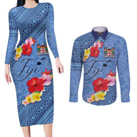 Bula Fiji Hibiscus and Plumeria Flowers Couples Matching Long Sleeve Bodycon Dress and Long Sleeve Button Shirt Tapa Tattoo Polynesian Pattern