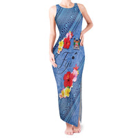 Bula Fiji Hibiscus and Plumeria Flowers Tank Maxi Dress Tapa Tattoo Polynesian Pattern