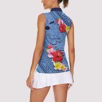 Bula Fiji Hibiscus and Plumeria Flowers Women Sleeveless Polo Shirt Tapa Tattoo Polynesian Pattern