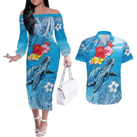 Hawaii Sea Turtle and Tropical Flowers Couples Matching Off The Shoulder Long Sleeve Dress and Hawaiian Shirt Polynesian Tattoo Undersea Vibe