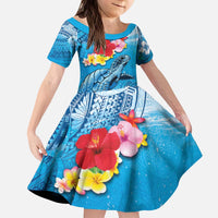 Hawaii Sea Turtle and Tropical Flowers Kid Short Sleeve Dress Polynesian Tattoo Undersea Vibe
