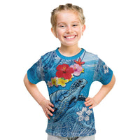 Hawaii Sea Turtle and Tropical Flowers Kid T Shirt Polynesian Tattoo Undersea Vibe