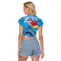 Hawaii Sea Turtle and Tropical Flowers Raglan Cropped T Shirt Polynesian Tattoo Undersea Vibe