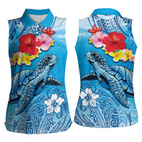 Hawaii Sea Turtle and Tropical Flowers Women Sleeveless Polo Shirt Polynesian Tattoo Undersea Vibe