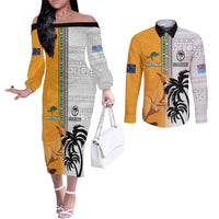 Custom Fiji and Australia Rugby Couples Matching Off The Shoulder Long Sleeve Dress and Long Sleeve Button Shirt Aboriginal and Fijian Masi Pattern LT03 White - Polynesian Pride