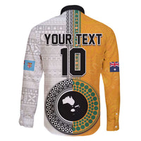 Custom Fiji and Australia Rugby Family Matching Off The Shoulder Long Sleeve Dress and Hawaiian Shirt Aboriginal and Fijian Masi Pattern LT03 - Polynesian Pride