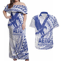 Samoa Pago Pago Aeto Couples Matching Off Shoulder Maxi Dress and Hawaiian Shirt Wingstyle Blue-White Color - Polynesian Pride