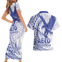 Samoa Pago Pago Aeto Couples Matching Short Sleeve Bodycon Dress and Hawaiian Shirt Wingstyle Blue-White Color - Polynesian Pride