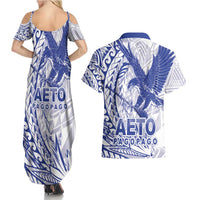 Samoa Pago Pago Aeto Couples Matching Summer Maxi Dress and Hawaiian Shirt Wingstyle Blue-White Color - Polynesian Pride