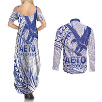 Samoa Pago Pago Aeto Couples Matching Summer Maxi Dress and Long Sleeve Button Shirt Wingstyle Blue-White Color - Polynesian Pride
