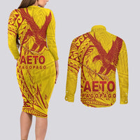 Samoa Pago Pago Aeto Couples Matching Long Sleeve Bodycon Dress and Long Sleeve Button Shirt Wingstyle Red-Gold Color - Polynesian Pride