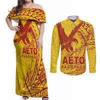 Samoa Pago Pago Aeto Couples Matching Off Shoulder Maxi Dress and Long Sleeve Button Shirt Wingstyle Red-Gold Color - Polynesian Pride