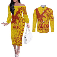 Samoa Pago Pago Aeto Couples Matching Off The Shoulder Long Sleeve Dress and Long Sleeve Button Shirt Wingstyle Red-Gold Color - Polynesian Pride