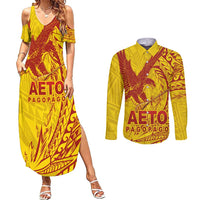 Samoa Pago Pago Aeto Couples Matching Summer Maxi Dress and Long Sleeve Button Shirt Wingstyle Red-Gold Color - Polynesian Pride