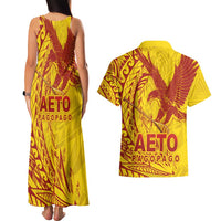 Samoa Pago Pago Aeto Couples Matching Tank Maxi Dress and Hawaiian Shirt Wingstyle Red-Gold Color - Polynesian Pride