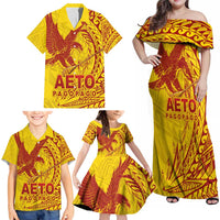 Samoa Pago Pago Aeto Family Matching Off Shoulder Maxi Dress and Hawaiian Shirt Wingstyle Red-Gold Color - Polynesian Pride