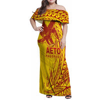 Samoa Pago Pago Aeto Family Matching Off Shoulder Maxi Dress and Hawaiian Shirt Wingstyle Red-Gold Color - Polynesian Pride