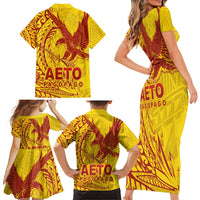 Samoa Pago Pago Aeto Family Matching Short Sleeve Bodycon Dress and Hawaiian Shirt Wingstyle Red-Gold Color - Polynesian Pride