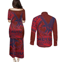 Samoa Pago Pago Aeto Couples Matching Puletasi and Long Sleeve Button Shirt Wingstyle Red-Blue Color - Polynesian Pride