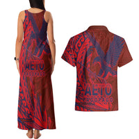 Samoa Pago Pago Aeto Couples Matching Tank Maxi Dress and Hawaiian Shirt Wingstyle Red-Blue Color - Polynesian Pride