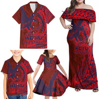 Samoa Pago Pago Aeto Family Matching Off Shoulder Maxi Dress and Hawaiian Shirt Wingstyle Red-Blue Color - Polynesian Pride