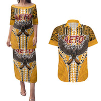 Samoa Pago Pago Aeto Couples Matching Puletasi and Hawaiian Shirt Bald Eagle with Polynesian Art Tattoos - Polynesian Pride