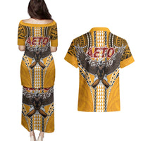 Samoa Pago Pago Aeto Couples Matching Puletasi and Hawaiian Shirt Bald Eagle with Polynesian Art Tattoos - Polynesian Pride