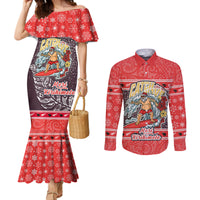New Zealand Christmas Couples Matching Mermaid Dress and Long Sleeve Button Shirts Santa Catch The Wave Maori Pattern Retro Style LT03 Red - Polynesian Pride