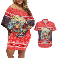 New Zealand Christmas Couples Matching Off Shoulder Short Dress and Hawaiian Shirt Santa Catch The Wave Maori Pattern Retro Style LT03 Red - Polynesian Pride