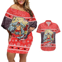 Custom New Zealand Christmas Couples Matching Off Shoulder Short Dress and Hawaiian Shirt Santa Catch The Wave Maori Pattern Retro Style LT03 Red - Polynesian Pride