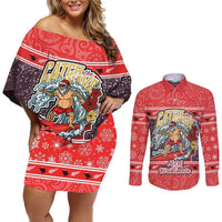 Custom New Zealand Christmas Couples Matching Off Shoulder Short Dress and Long Sleeve Button Shirts Santa Catch The Wave Maori Pattern Retro Style LT03 Red - Polynesian Pride
