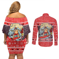 Custom New Zealand Christmas Couples Matching Off Shoulder Short Dress and Long Sleeve Button Shirts Santa Catch The Wave Maori Pattern Retro Style LT03 - Polynesian Pride
