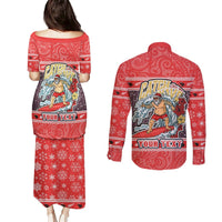 Custom New Zealand Christmas Couples Matching Puletasi Dress and Long Sleeve Button Shirts Santa Catch The Wave Maori Pattern Retro Style LT03 - Polynesian Pride