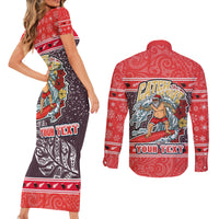 Custom New Zealand Christmas Couples Matching Short Sleeve Bodycon Dress and Long Sleeve Button Shirts Santa Catch The Wave Maori Pattern Retro Style LT03 - Polynesian Pride