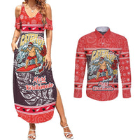 Custom New Zealand Christmas Couples Matching Summer Maxi Dress and Long Sleeve Button Shirts Santa Catch The Wave Maori Pattern Retro Style LT03 Red - Polynesian Pride