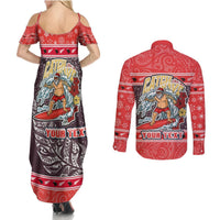 Custom New Zealand Christmas Couples Matching Summer Maxi Dress and Long Sleeve Button Shirts Santa Catch The Wave Maori Pattern Retro Style LT03 - Polynesian Pride