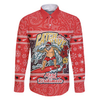 Custom New Zealand Christmas Family Matching Tank Maxi Dress and Hawaiian Shirt Santa Catch The Wave Maori Pattern Retro Style LT03 Dad's Shirt - Long Sleeve Red - Polynesian Pride
