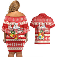 Tonga Christmas Couples Matching Off Shoulder Short Dress and Hawaiian Shirt The Santa Coat of Arms with Ngatu and Snow Pattern LT03 - Polynesian Pride