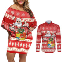 Tonga Christmas Couples Matching Off Shoulder Short Dress and Long Sleeve Button Shirts The Santa Coat of Arms with Ngatu and Snow Pattern LT03 Red - Polynesian Pride