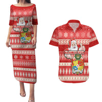 Tonga Christmas Couples Matching Puletasi Dress and Hawaiian Shirt The Santa Coat of Arms with Ngatu and Snow Pattern LT03 Red - Polynesian Pride
